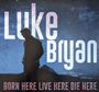 Text: "Luke Bryan" und "Born Here Live Here Die Here". Silhouette eines Mannes vor blauem Hintergrund.