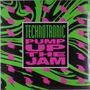 TECHNOTRONIC, PUMP UP THE JAM in grün und pink auf schwarzem Hintergrund. Illustration mit pinken Handsymbolen.