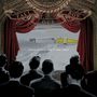 Text: "From Under The Cork Tree", "Fall Out Boy". Illustration: Zuschauer betrachten schneebedeckten Bus auf Bühne mit Vorhängen.
