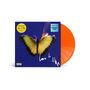„Love is like“, Maroon 5, exklusive orange Vinyl. Gelber Schmetterling auf blauem Hintergrund mit Flammen.