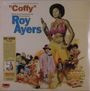Soundtrack von "Coffy", komponiert von Roy Ayers. Illustration einer Frau mit Waffe, im Hintergrund Szenen von Gewalt.