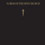 Text: "The Lords of the New Church". Darunter ein goldenes Kreuz als Dolch, auf schwarzem Hintergrund.