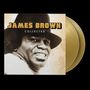 „James Brown Collected“ vor goldenem Schallplatten-Hintergrund; Abbildung eines lächelnden Mannes mit Hut.