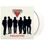 Text: "Huey Lewis and the News", "COLLECTED". Silhouetten von sechs Personen, Logo in Dreieckform.