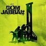 Text "GOM JABBAR" prominent. Silhouette einer Guillotine mit Figuren davor auf gelbem Hintergrund.