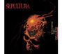 Text "SEPULTURA", "BENEATH THE REMAINS". Illustration eines Schädels mit Rosen, umgeben von feurigem Glühen.