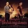 "The Twilight Saga: Breaking Dawn Part 1. Original Motion Picture Soundtrack." Drei Personen stehen vor einem Sonnenuntergang, umgeben von Wölfen.