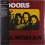 Text: "THE DOORS", "L.A. WOMAN". 
Illustration: Vier Männer in gelbem Rechteck über roten Hintergrund.
