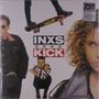 „INXS KICK“ in schwarzer und roter Schrift. Personen: Eine mit lockigem Haar, eine mit Sonnenbrille, eine hockend. Skateboard oben.
