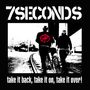 Logo "7SECONDS". Darunter: "take it back, take it on, take it over!". Zwei Personen mit Fahrrad auf einer Straße.