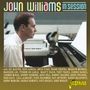 "John Williams in session" in bunten Buchstaben, eine Person spielt Klavier in einem Aufnahmestudio.