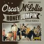 "Oscar McLollie, Honey Jumpin', 1953-1960." Eine Band spielt vor einem Vorhang, Musiker mit Saxophonen und Kontrabass.