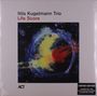 "Nils Kugelmann Trio, Life Score" in schwarzer und roter Schrift. Buntes, abstraktes Gemälde mit gelben, blauen und roten Formen.