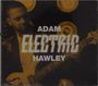Text: "ADAM ELECTRIC HAWLEY". Ein Mann spielt Gitarre vor Lautsprechern, dominant in gelben und schwarzen Tönen.