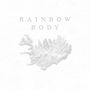 Text: "RAINBOW BODY". Konturlinien mit Textur einer weißen Insel, die an eine Topografiekarte erinnert.