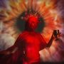 Textlose Illustration: Eine Person in Rot, trägt einen roten Schleier und ein strahlenförmiges Kronendiadem. Hintergrund in Augengestalt.