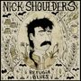“Nick Shoulders”, “Refugia Blues”. Illustration eines Mannes mit Schnurrbart, Pflanzen, Fledermäusen und Knochen.