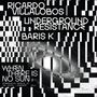 Texte: "RICARDO VILLALOBOS, UNDERGROUND RESISTANCE, BARIS K, WHEN THERE IS NO SUN, INTERGALACTIC MUSIC IS OF THE OUTER DARKNESS VOL.2". 
Schwarz-weiße abstrakte Muster.