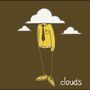 Text: "clouds". Illustration eines Menschen in gelbem Anzug, dessen Kopf eine Wolke ist, auf braunem Hintergrund.