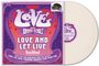 "LOVE AND LET LIVE" in großen Buchstaben, lila und rote psychedelische Muster im Hintergrund, Retro-Stil.