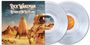 "Rick Wakeman & The English Rock Ensemble: Return to the Red Planet" ist in großen, auffälligen Buchstaben zu lesen. Die Illustration zeigt einen Astronauten und eine Rakete auf einer marsähnlichen Landschaft. Zwei transparente Vinyl-Schallplatten sind daneben abgebildet.