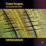 "Costas Tsougras: Solo and Ensemble Works. Monograms." Abstrakte Kunst in Grün- und Gelbtönen mit Linienmuster.