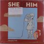 "SHE & HIM", "VOLUME TWO". Illustration: Mädchen mit Dosentelefon, Koffer daneben, Wolken im Hintergrund, blauer Himmel.