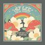 „AJ LEE & BLUE SUMMIT“, „COVER TO COVER“. Illustration mit Blumen, Pilzen und Regenbogen auf retrostilisiertem Hintergrund.