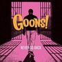 Text: "Goons! Never Go Back". Mann geht durch Gefängnisflur, rosa und schwarze Farbtöne, dynamische Gestaltung.