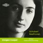 Nimbus Records Logo, Schubert Beethoven, Imogen Cooper in Grün; Schwarz-Weiß-Foto eines Gesichtes.