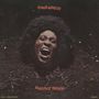 "Funkadelic" oben, "Maggot Brain" unten. Gesicht mit offenem Mund und Afro-Haarschnitt aus der Erde ragend.