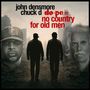 Die Illustration zeigt zwei Silhouetten und Porträts von zwei Gesichtern, umgeben von zerstörten Gebäuden. Texte: „john densmore, chuck d, do+dg=no country for old men“.