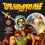 "The Golden Age of Science Fiction Vol. 3." Ein Retro-Illustration mit einem Weltraummonster und Frauen, Planeten im Hintergrund.