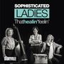 "SOPHISTICATED LADIES That healin’ feelin’ Storyville." Drei lächelnde Frauen mit Musikinstrumenten vor schwarzem Hintergrund.