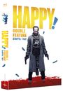 "Happy! Double Feature Staffel 1 & 2." Großer Schriftzug, eine ernst aussehende Person mit Waffen, blauer Cartoon-Esel.