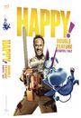 "Happy! Double Feature Staffel 1 & 2" steht in gelber und pinker Schrift. Ein Mann mit Kettensäge, neben einem blauen, fliegenden Pferd.