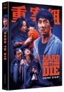 HARDE TO DIE CRIME STORY. Illustration eines Mannes im Vordergrund, umgeben von dramatischen Szenen und Personen.