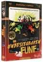 "Das brandneue Kampfspektakel aus Fernost! DIE UNBESIEGBAREN FÜNF" und "Regie: Chang Cheh". Kämpfer vor einer Explosion.