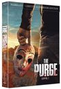 "THE PURGE STAFFEL 2" auf blutbespritztem Cover; Hand hält blutige Maske mit "GOD"-Aufschrift, düstere Kulisse.