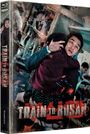 Text: "Train to Busan." Ein Mann hält ein Kind, umgeben von Chaos und Menschen hinter Glasscheiben. Spannungsgeladenes Szenario.
