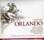 "Handel Orlando" und Namen von Künstlern in braunem Text. Illustration: Ritter auf Pferd bekämpft Drache.