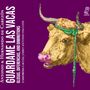 "GUÁRDAME LAS VACAS" in Großbuchstaben, neben einem gezeichneten Stierkopf mit rosa Nase auf violettem Hintergrund.