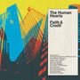 "The Human Hearts", "Faith & Credit" - Songliste: "Still in Error", "A Different City", "Illusions", "Cover Your Tracks" usw. Illustration mit farbigen Gebäuden.