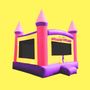 Text: "Eric Stucki's BOUNCE HOUSE." Eine aufblasbare Hüpfburg in Gelb, Pink und Lila mit Türmen. Hintergrund gelb.