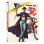 "Keiner haut wie DON CAMILLO" und "Unterwegs in Gottes Namen mit durchschlagender Überzeugungskraft". Illustration: Mann, Motorrad.