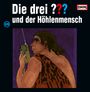 „Die drei ??? und der Höhlenmensch“. Illustration: Mann im Fellgewand spricht in Funkgerät, lila Hintergrund.