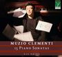 Texte: "Muzio Clementi", "15 Piano Sonatas", "Liu Shibo". Mann am Klavier, umgeben von herabfallenden Notenblättern.
