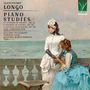 Texte: "Alessandro Longo", "Piano Studies", "12 Studies in Thirds, Op. 35", "6 Studies in Sixths, Op. 42", "6 Studies in Octaves, Op. 48 (The Complete Set)", "Giacomo Pellegrino", "Lorenzo Stasi", "Giuseppe Marco Daniele", "piano". 

Illustration: Zwei Frauen in eleganter Kleidung blicken auf das Meer, eine steht, eine sitzt. Oben rechts ein Logo.