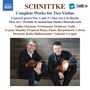 "SCHNITTKE Complete Works for Two Violins" oben, zwei Männer mit Geigen unten, lächelnd auf einer Treppe sitzend.