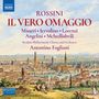 "ROSSINI IL VERO OMAGGIO" in roter Schrift. Unten eine malerische Stadtansicht mit Fluss und Türmen.